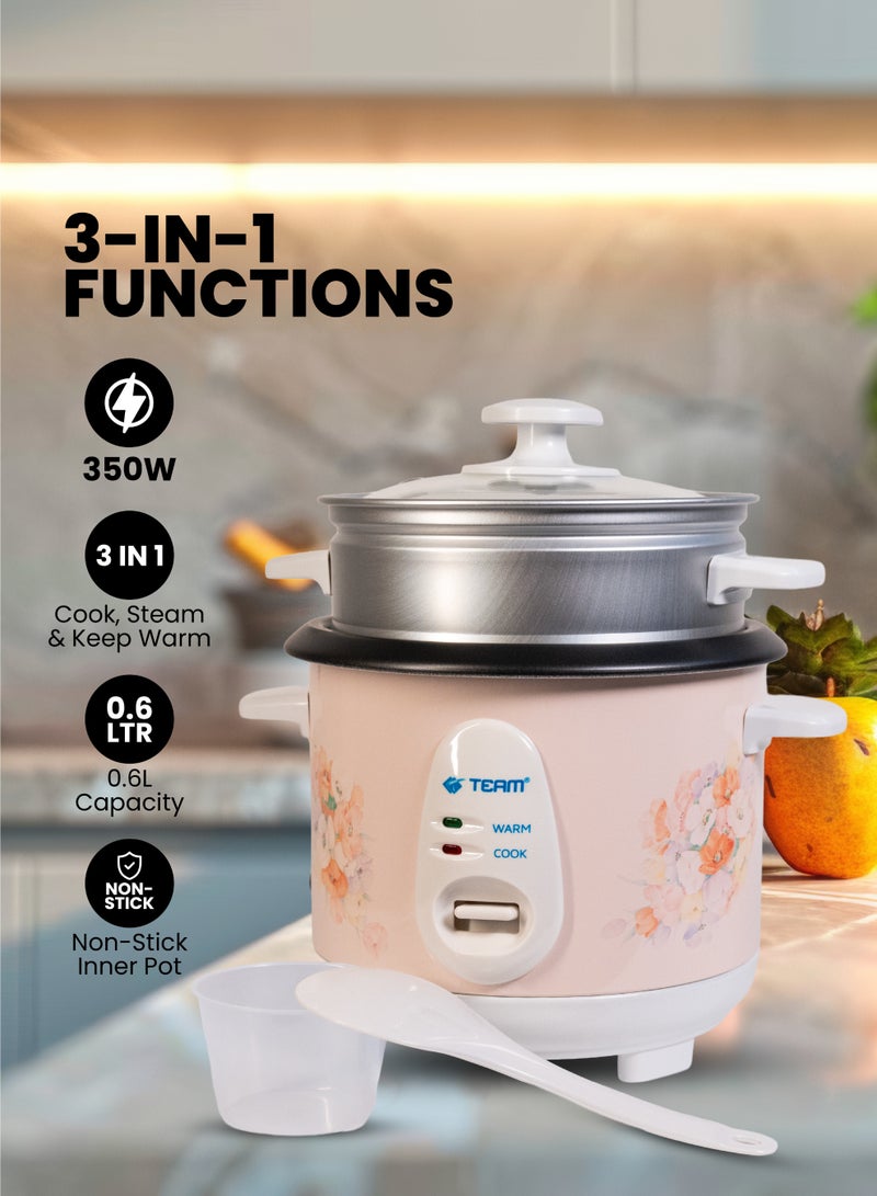 TEAM Mini Rice Cooker Steamer 0.6L – Non-Stick Pot, Keep Warm Function, 350W Electric Rice Maker with Steamer, Automatic Cooking  for 1-2 People – Compact, Portable & Energy-Efficient - Image 3